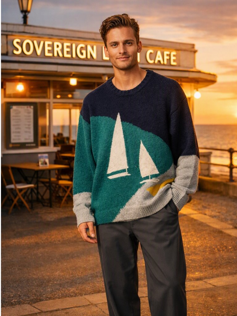Melange Artwork Pullover With Boat Artwork
